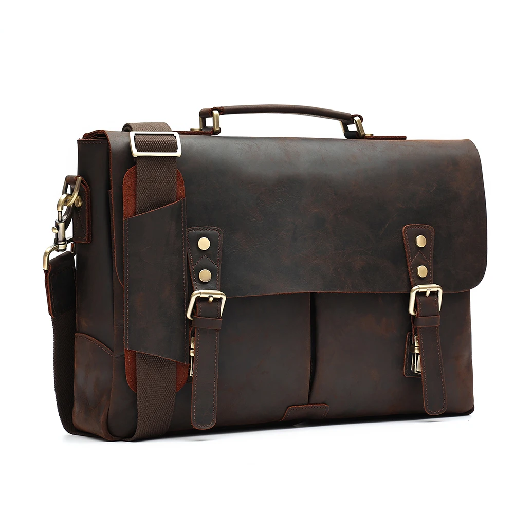 

Retro Leather Briefcase Messenger Laptop Portable Men's Brand Postman Shoulder Bags Crazy 15.6inch Computer For Man Horse Bag