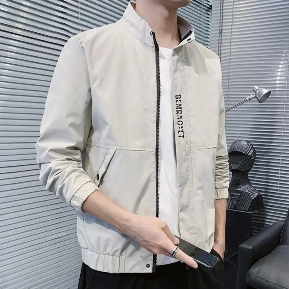 

Trendy Men Coat Long Sleeves Zipper Breathable Pure Color Elastic Cuff Coat