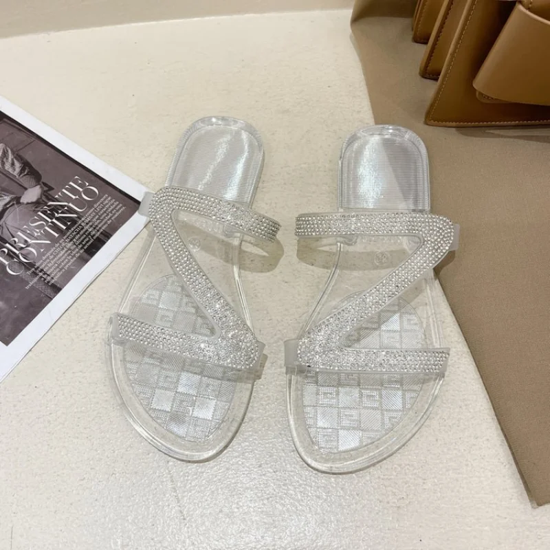 Women Rhinestone Decor Flat Sandals Summer Outdoor Glamorous Transparent Slippers Fashion Office Slides Beach elasticity Shoes