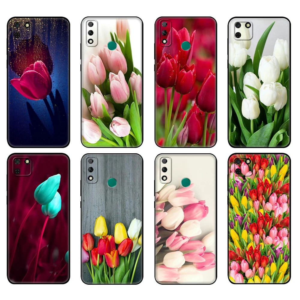 

Black tpu Case For Huawei Y9S Y6S Y8S Y5P Y7P Y8P Case For Huawei Y5 lite Prime 2018 Y6 2019 Cover Tulip flower