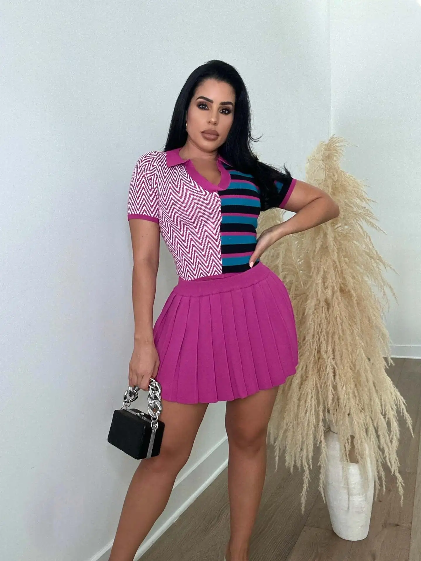 

Women Knit Ribbed Pleated High Waist Skirts Set and Short Sleeve Tops Matching Two 2 Piece Set Dress Outfits 2023