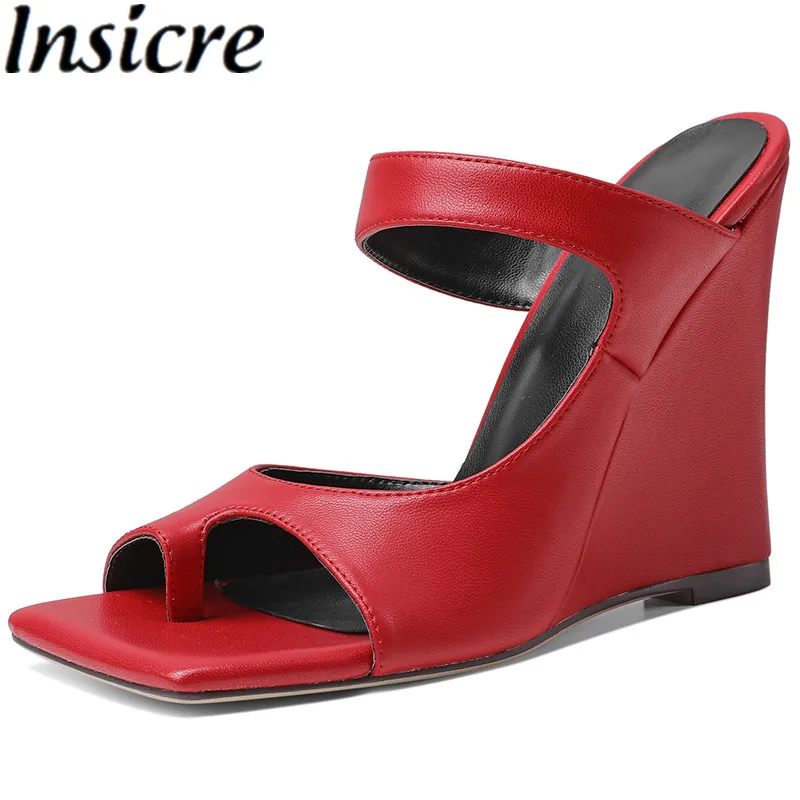 

Insicre 2022 Fashion Women Sandals Square Toe Pu Leather Summer Shoes Wedges High Heel Red Flip Flops Outside New Arrivel Ins