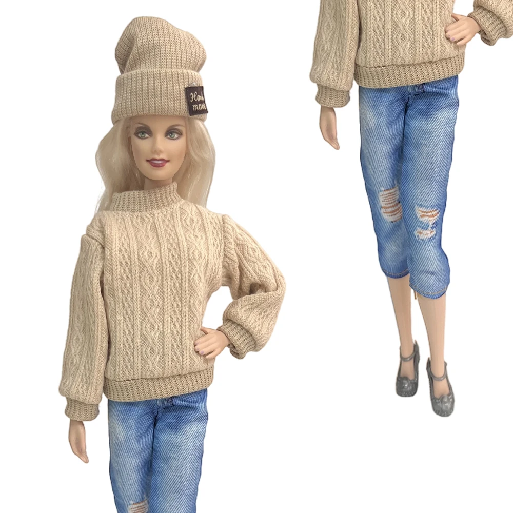 NK 1 Set Children's changing doll new knitting fried dough twist sweater+casual hat+imitation hole pants For Barbie Doll 1/6 Toy - купить