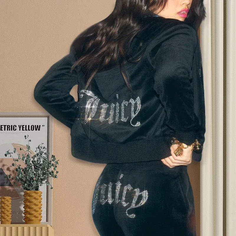 

Autumn Juicy Coutoure Women Tracksuit Y2k Velvet Long Sleeve 2 Pieces Set Chic Diamond Sweatshirt and Pants Sportswear Outfits
