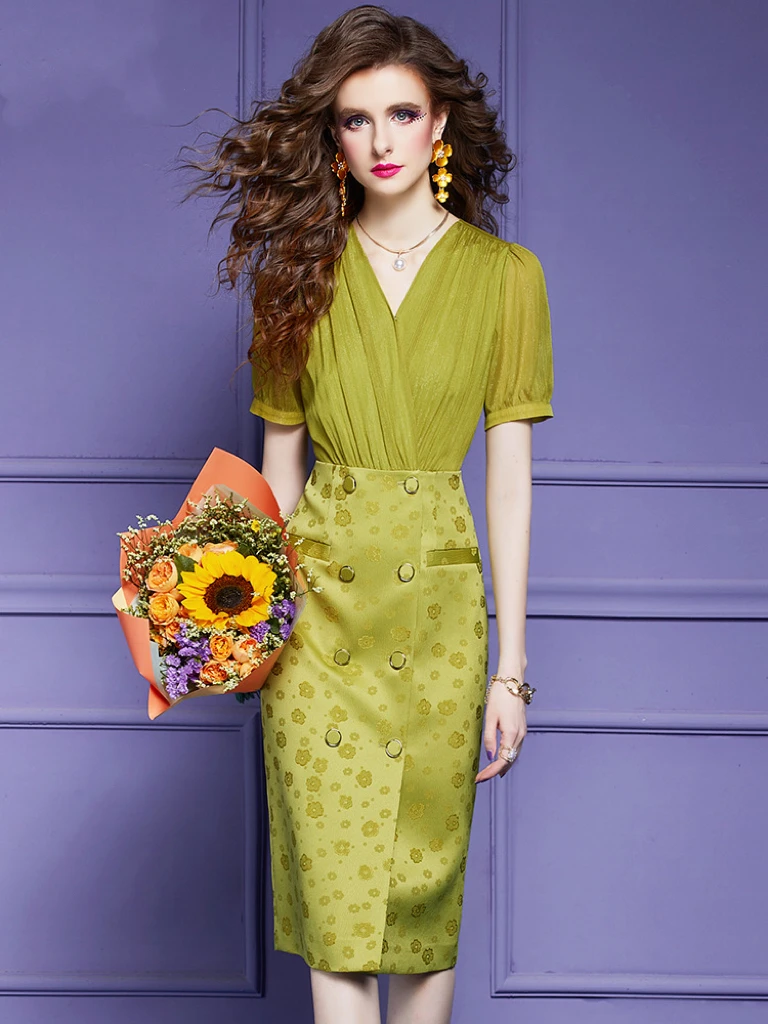 

Office Pea Green Women Dresses Business Temperament Button Spring Suits Knee Length Fashion Slim Female Party Lady Gowns 2023