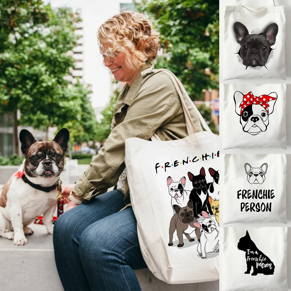 

Reusable Shopping Tote Canvas Women Bag with Frenchie French Bulldog Print Students Teacher Book Travel Storage Bags Shoulder