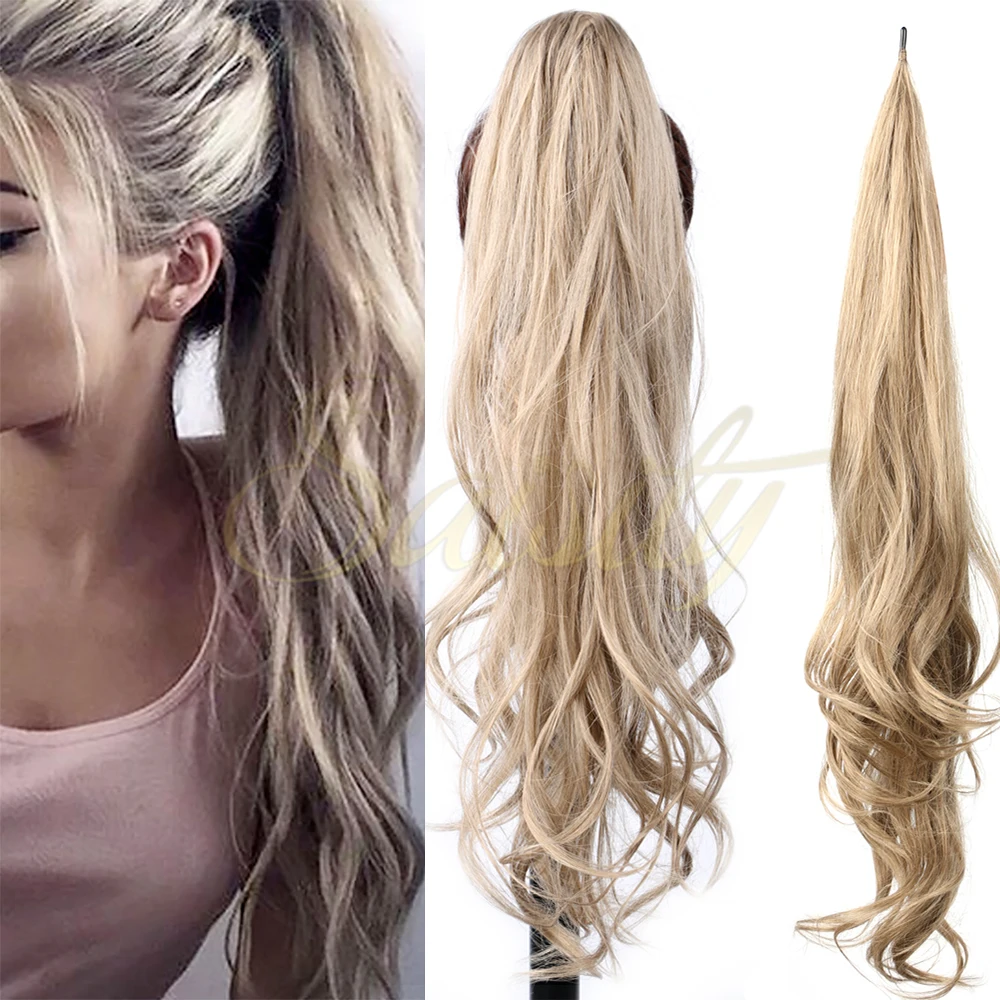Saisity 32inch Synthetic Flexible Wrap Around PonyTail Length Ponytail Extensions Blonde ponytail Hairpieces For Women Daily Use