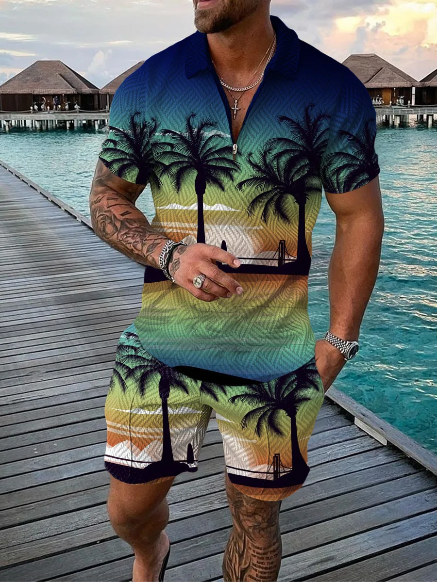 Hawaiian Polo Shirt Summer Men's Luxury Coconut Tree Oattern Short Sleeve 2 Piece Outfits Jogger Casual Tracksuit Short Pant Set