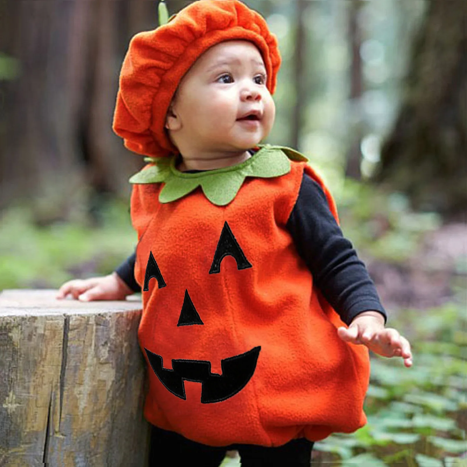 

0-3Y Newly Halloween Cosplay Toddler Baby Kid Pumpkin Print Sleeveless Romper Jumpsuits Tops+Hats Baby Clothes 2PCS Costumes