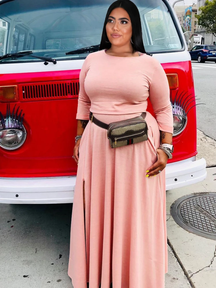 

Plus Size Casual Two Piece Sets Women Solid Color O Neck Stretch African Elegant Sexy Skirts Suit Elastic Waist Free Shipping