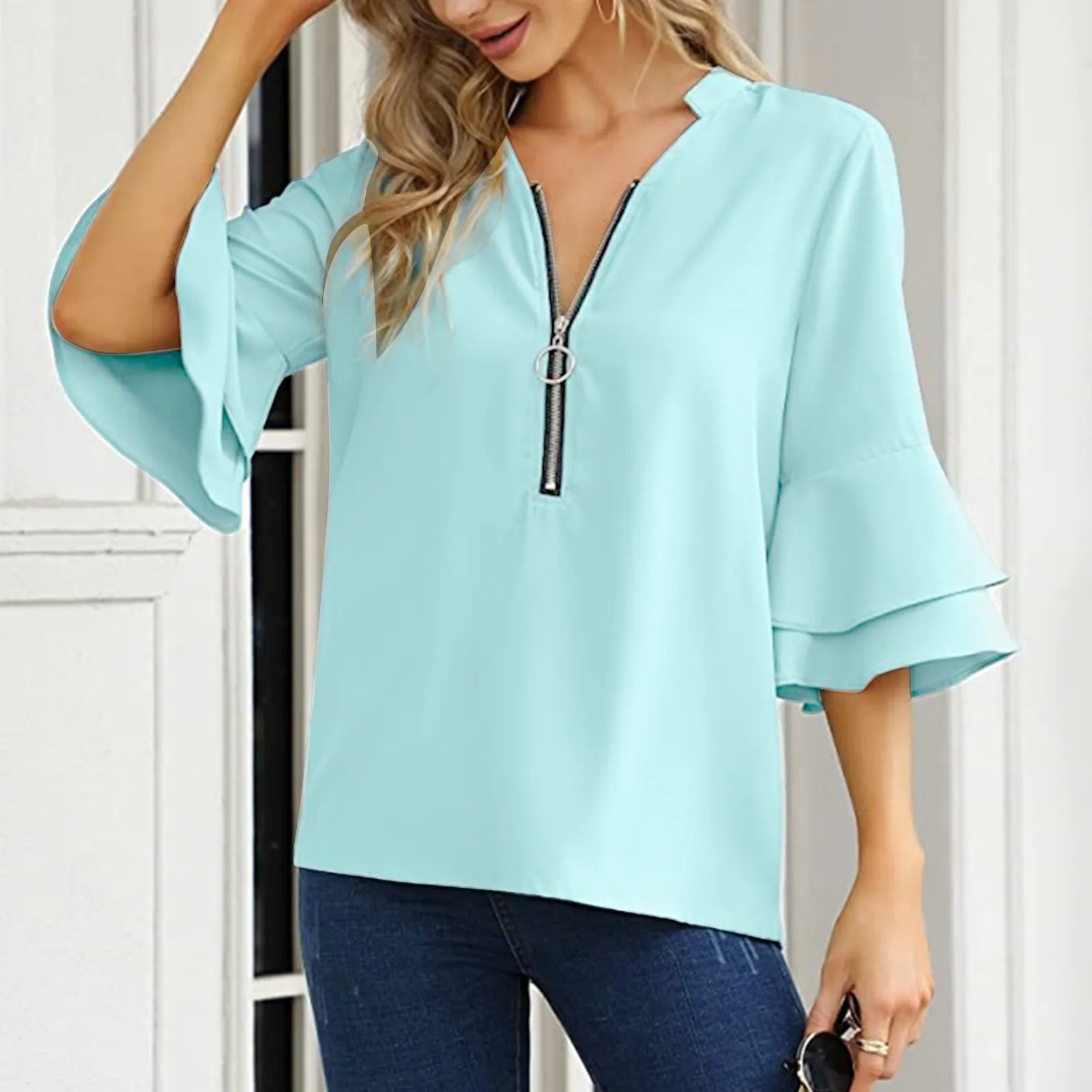 

Women's Casual Solid Color 3 4 Tiered Bell Sleeve Zipper Neck Loose Tops Linen Blouses Women Cotton Button Shirt for Women