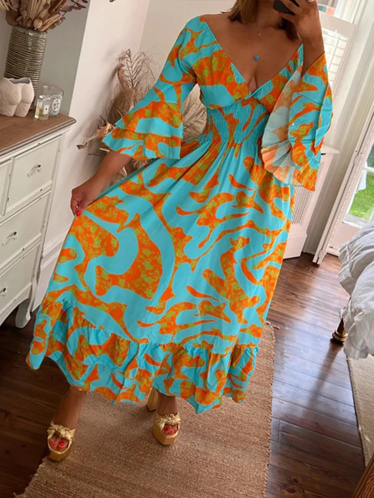 

Sexy V Neck Long Chiffon Dresses Women Elegant 3/4 Flare Sleeve Summer Boho Printed Dress Fashion Loose Party A-Line Dresses