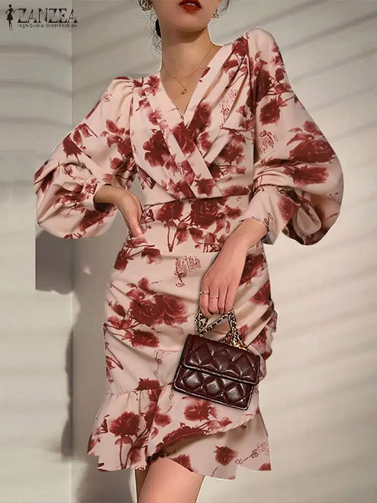 

Платье ZANZEA женское с пышными длинными рукавами и оборками, элегантное мини-платье в богемном стиле с цветочным принтом, с V-образным вырезом, юбка-халат, повседневное облегающее платье на бедрах