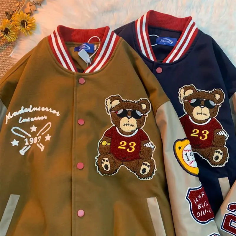 

Hip Hop Baseball Jacket Coat Harajuku Casual Varsity Jackets Streetwear Vintage Embroidery Bear Leather Bomber College Jacket