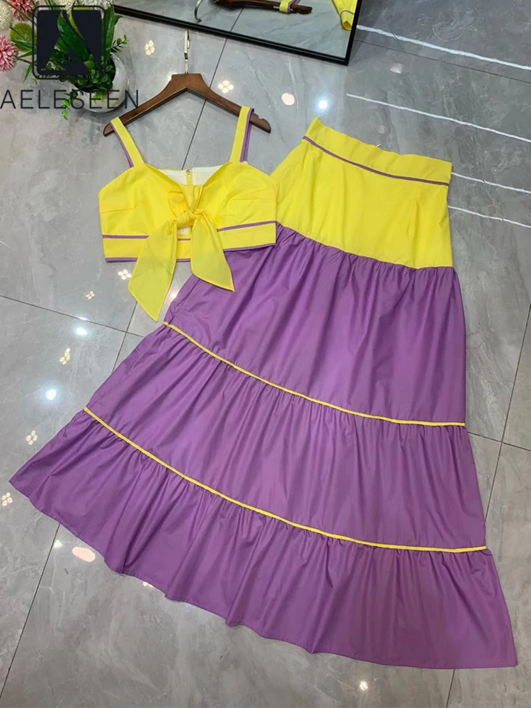 

AELESEEN Women 2 Pieces Set Women 2022 Summer Spaghetti Strap Crop Short + Long Skirt Contrast Color Casual Vacation Twinset
