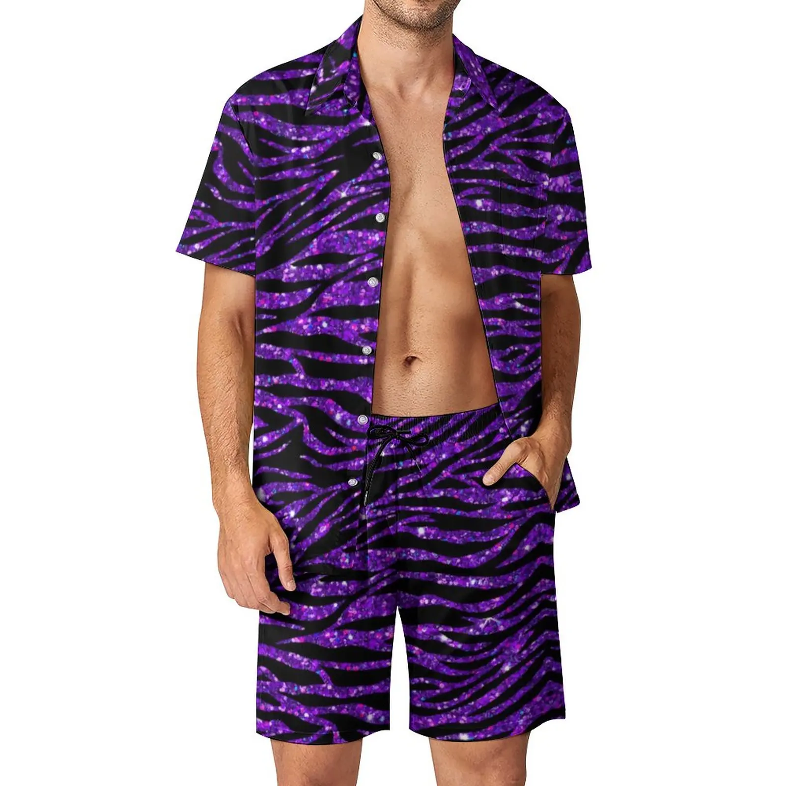 

Animal Stripes Men Sets Modern Glitter Print Casual Shirt Set Vintage Beach Shorts Summer Suit Two-piece Plus Size