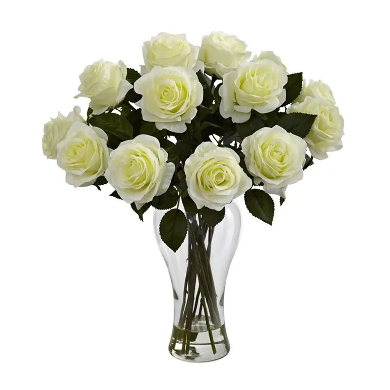

Blooming Roses Artificial Flower Arrangement in White Wedding Party Vase Home Autumn Decoration Fake Flower