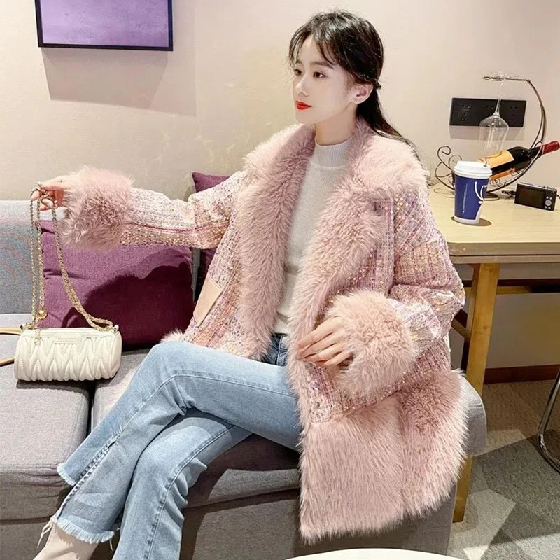 2022 Autumn Winter New Fur Coat Women's Long Warm Thick Pink Fashion Shiny Loose Imitation Fur Plush Temperament Coats Female