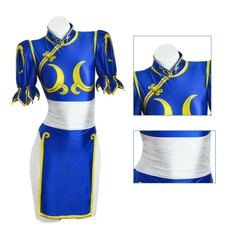 Chun Li Косплей Jurk Kostuum AK Sf Chunli rollenak Blauwe Qipao полный комплект Джеки Кунг Фу Хэллоуин