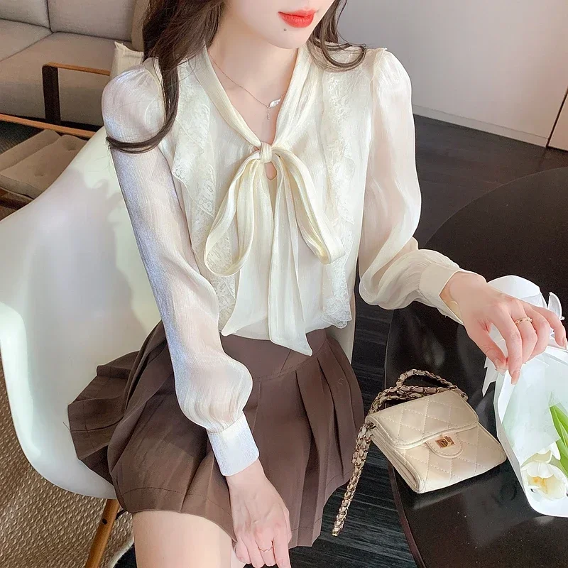 Новинка женская блузка с длинным рукавом и воротником-бантом шифоновая оборками