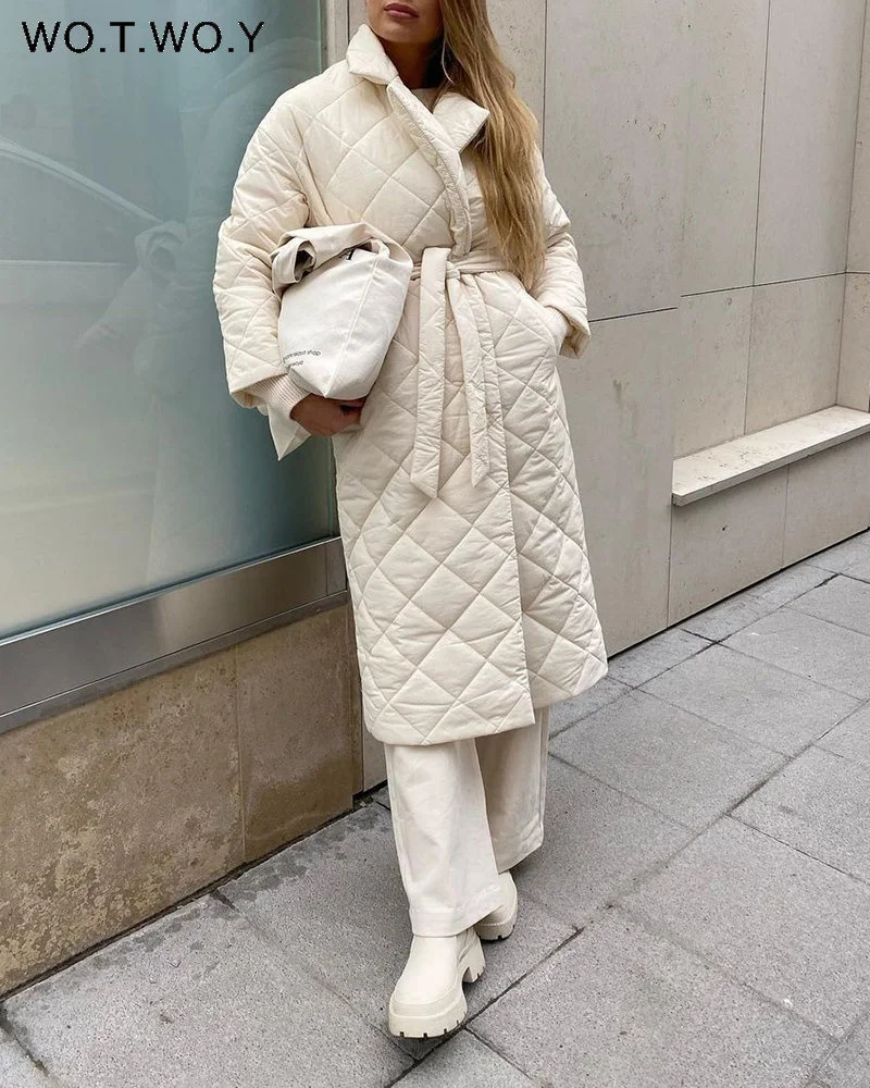 

Cotton-Liner Argyle Long Jacket Women Autumn Winter Belted Thick Padded Parkas Female Casual Quilted Coats 2023 Overcoat