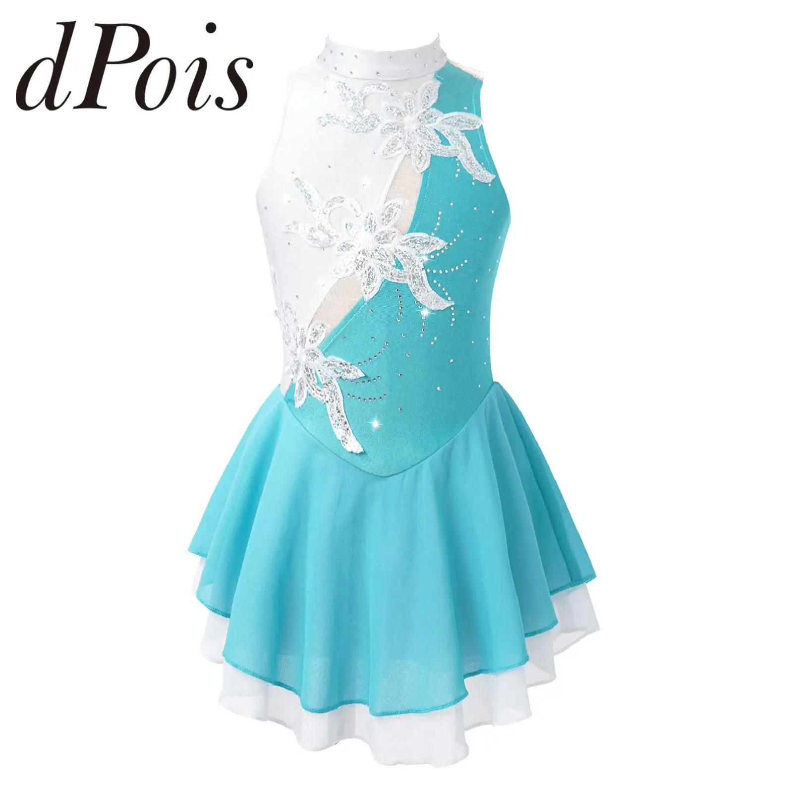 Kids Girls Ice Skating Clothes Sequins Floral Ballet Gymnastics Leotard Figure Skating Dress for Dance Competition Stage Costume