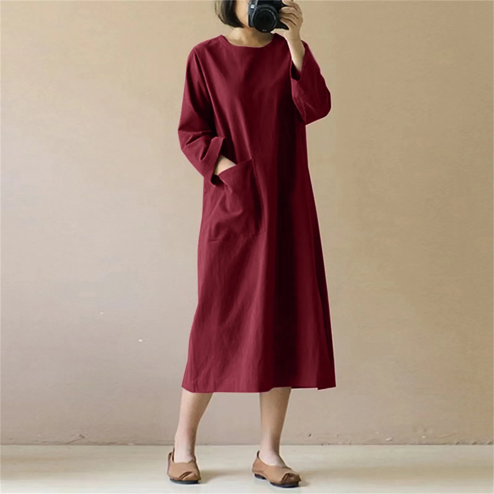 

Women Long Sleeve O Neck Solid Literary Retro Casual Dress With Pockets Spring Maxi Dress