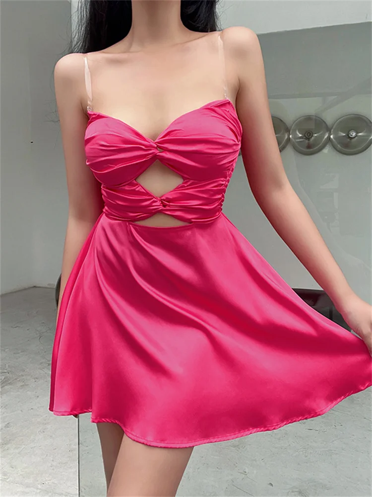 

hirigin Transparent Strap Patchwork Satin Mini Dress 2022 Elegant Women Front Knotted Criss-cross Hollow Out V-neck Vestidos