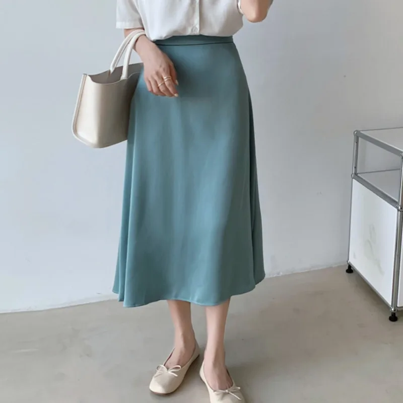 

2022 Spring Summer Women Acetate Satin Skirt Elastic High Waist Solid Silky Elegant Female A-line Midi Skirts For Office Lady