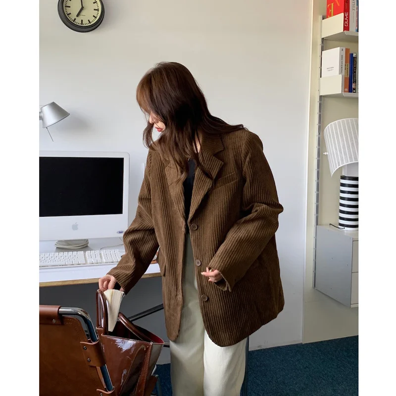 

Corduroy Suit Jacket Women's Autumn Winter Blazers 2022 New Vintage Loose Medium Long Sleeve High-quality Women's Clothing