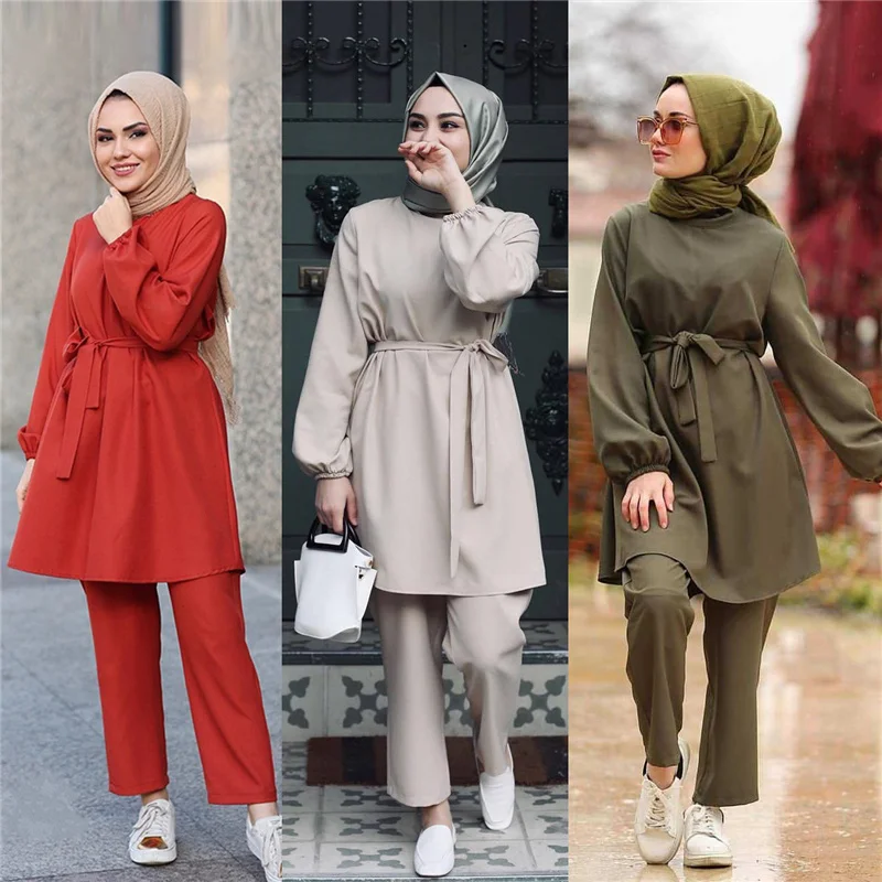 Eid Two-piece Muslim Sets Abaya Turkish Tops Pants Vetment Femme Hijab Dress Abayas For Women Musulman Ensembles Islam Clothing