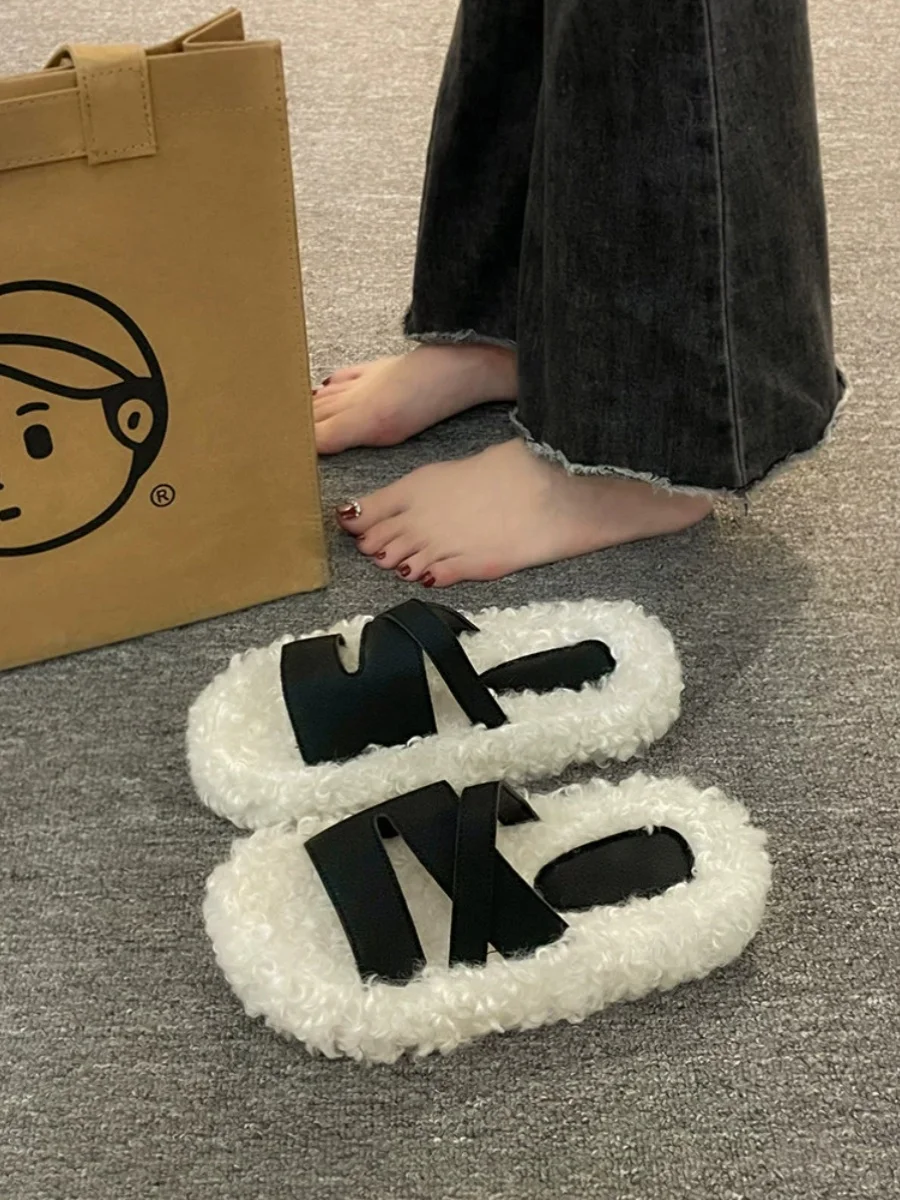

Med Female Shoes Ladies' Slippers Platform Fur Flip Flops 2023 Soft Plush Flat with fur PU Slides Short Female Shoes Slippers Fl