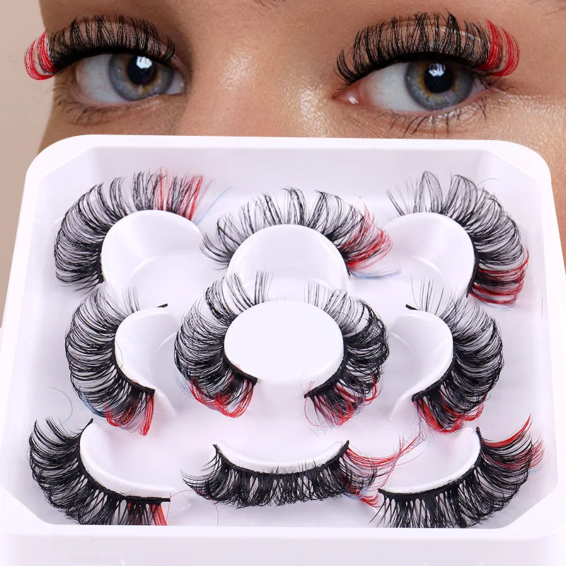 

5 Pairs Russian Strip Lashes 2 Colors Mixed False Eyelashes Natural Fluffy Handmade Lashes Makeup Colorful Faux Mink Lashes