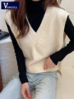 Vangull модный абрикосовый короткий вязаный жилет, Женский однотонный Свободный жилет с V-образным вырезом, Женский Повседневный милый пуловер без рукавов, свитер