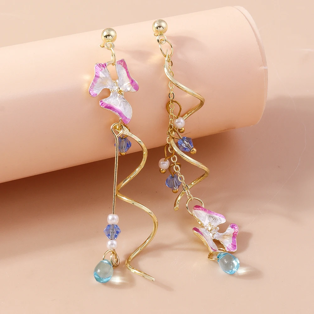 

Aihua New Korean Asymmetrical Flower Earrings for Women Long Tassel Crystal Butterfly Orchid Dangle Earring Party Jewelry Gifts