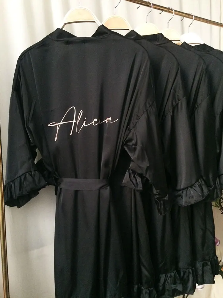 

Black Personalized Ruffle Robe Bridesmaid Silk Kimono Gown Bridal Shower Wedding Day Robe Customized Getting Ready Dressing Gown