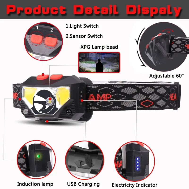 Powerful IR Motion Sensor COB LED Headlamp USB Rechargeable Headlight Lightweight Comfortable Headband Head Lamp Flashlight |