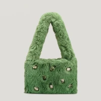 solid plush handbag for women soft faux fur tote crystal shoulder bag winter underarm bag womens fashion bags 2022 purses ins