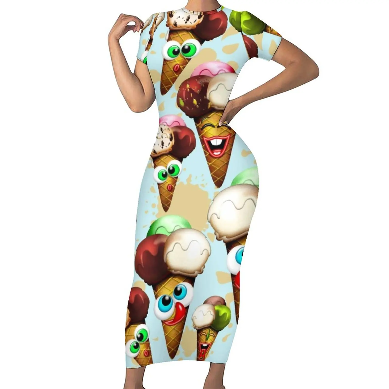 

Fun Ice Cones Bodycon Dress Women Cartoon Sexy Maxi Dresses Spring Short Sleeve Korean Fashion Custom Dress Large Size 6XL