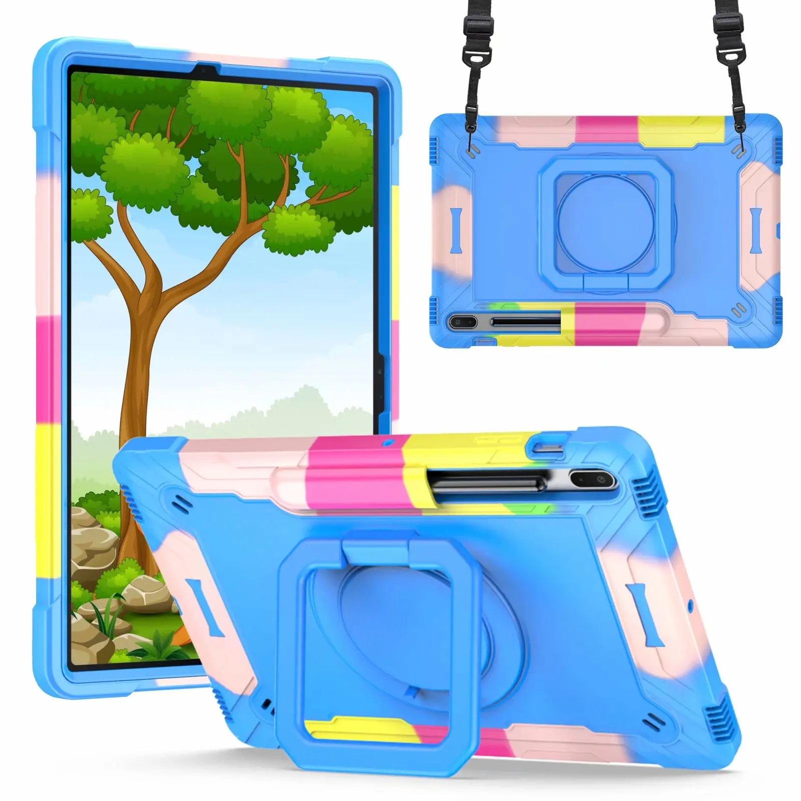 

Kids Case For Samsung Galaxy S7 FE 12.4 2021 SM-T730 SM-T736 360 Rotable Rubber PC Kickstand Shoulder Hand Strap Tablet Cover