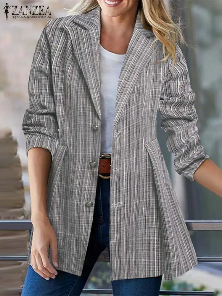 

ZANZEA Casual 2023 OL A Line Jackets Women Striped Blazer Elegant Lapel Collar Waisted Outerwear Autumn Long Sleeve Formal Coat