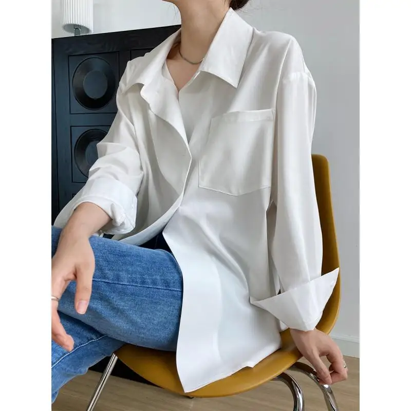 Women's Boyfriend Style Shirt 2022 Korean Style Loose White Blouse Simple Design Oversized Shirt Women Clothing