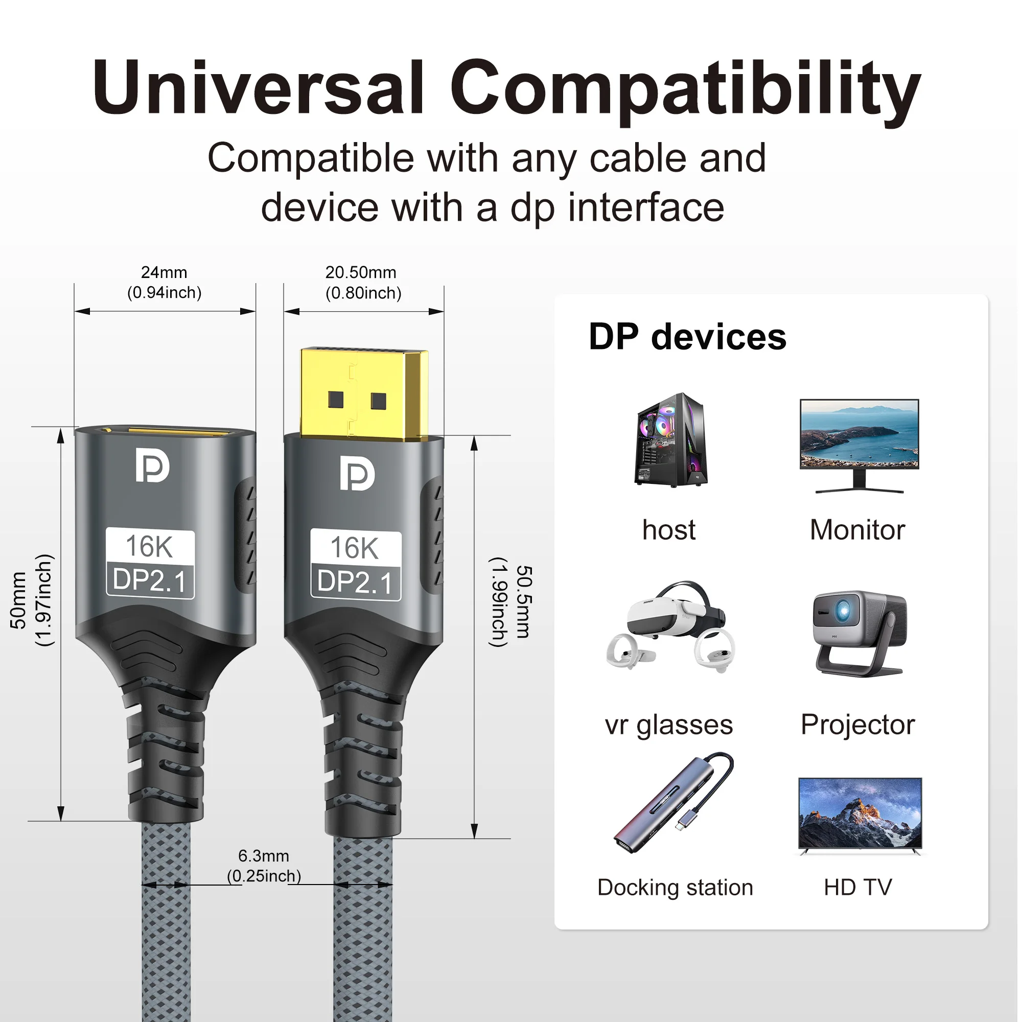Фото Удлинительный кабель 16K DP 2.1 80 Гбит/с HDR Video Audio DP to DisplayPort 16K@30Hz 8K@60Hz 4K@120Hz для ПК, ТВ, ноутбука, монитора, проектора №2