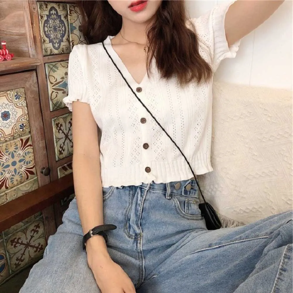 

Retro Women Knitted Cropped Sweater Tops Summer V Neck Short Sleeve Button Slim Korean Knitwear Cardigan Tee Tops