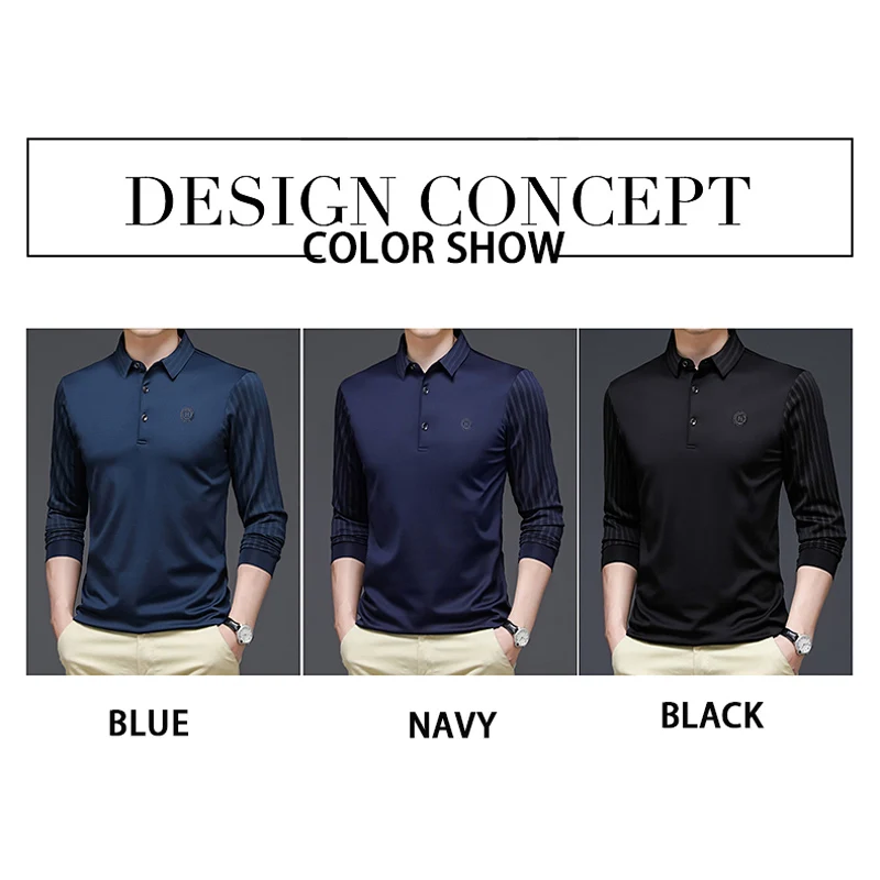 BROWON Spring and Autumn T Shirt Men Turn-down Collar Solid Color Striped Long Sleeve Design Men's T-shirt Casual Slim Long Tops