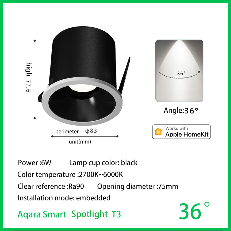 

Умный прожектор Aqara Downlight T3 Zigbee 3,0, затемняющий круглый световой луч, угол 15, ° 24 ° 36 ° 80 ° Адаптивное затемнение освещения для Homekit