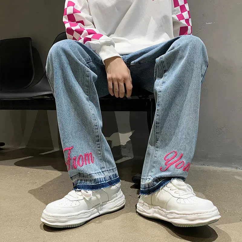 Streetwear Gothic Lettering Embroidery Jeans For Men Y2k Straight Pants Fashion Baggy Jeans Women's Jeans 2023 Trend Trousers