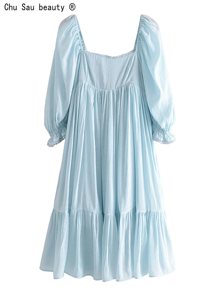 

Женское платье с квадратным вырезом, повседневное однотонное платье с пышными рукавами и складками в французском стиле, весна 2022