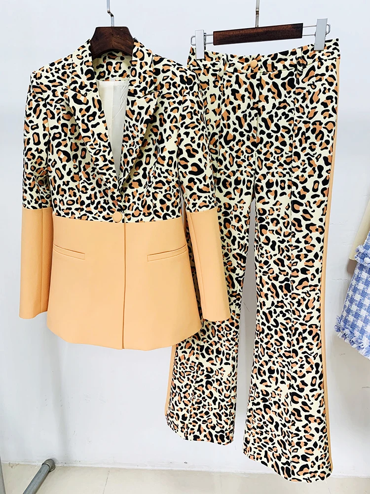 

EXCELLENT Newest 2023 Designer Runway Suit Set Women's Single Button Leopard Printed Color Block Blazer Flare Pants Suit