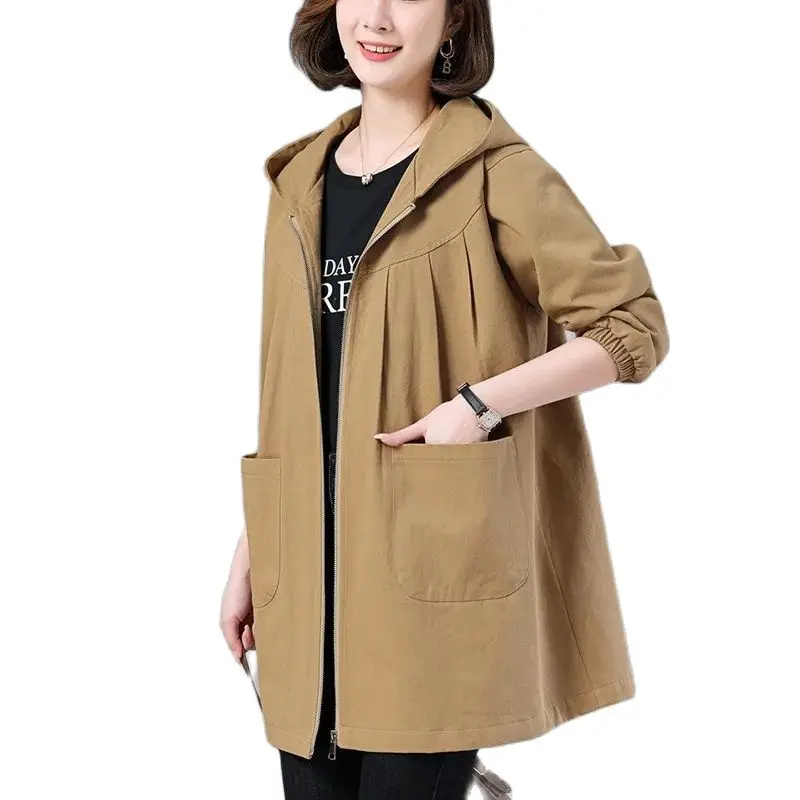 

Women's Mid-Length Trench Coat Women Jacket Mom Korean Spring Oversize Hooded Windbreaker Casual Overcoat Female Loose Outerwear